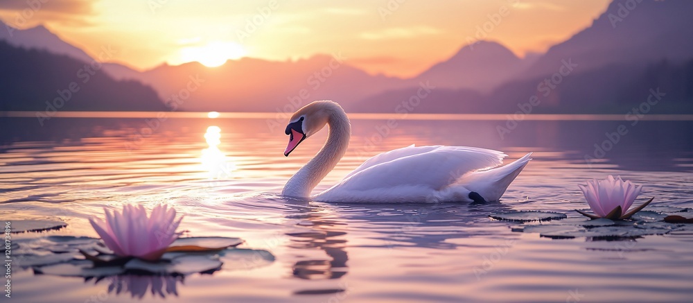 Fototapeta premium Serene swan floats on calm lake at sunset, pink water lilies.
