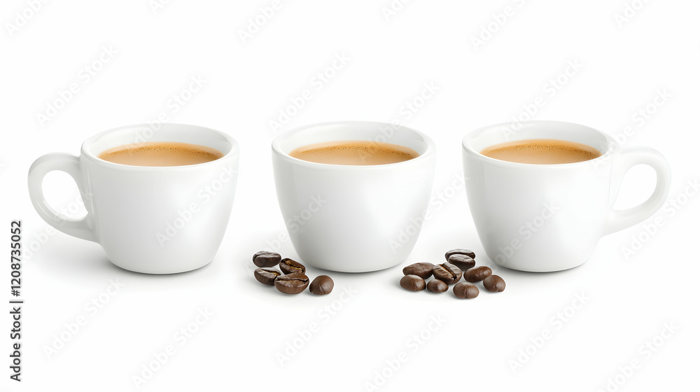 Three espresso cups with coffee beans, isolated on white background, perfect for cafe menu or coffee advertisement Three espresso cups with coffee beans, isolated on white background, perfect for cafe menu or coffee advertisement
