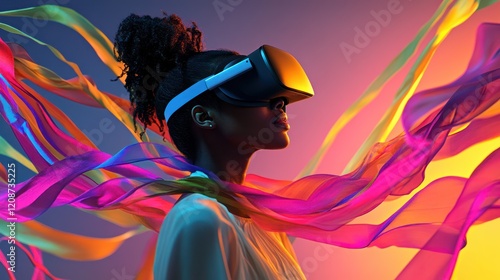 Woman in VR Headset with Colorful Ribbons