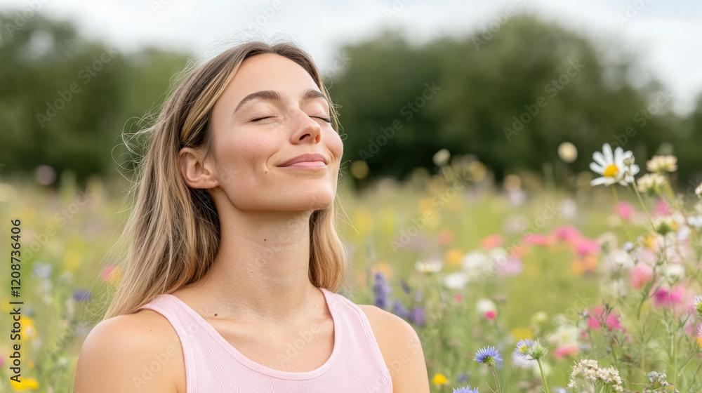 German woman breathing and relaxing on a beautiful colorful flower field German woman breathing and relaxing on a beautiful colorful flower field