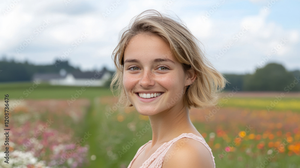 Caucasian woman smiling in romantic moment at beautiful colorful flower field Caucasian woman smiling in romantic moment at beautiful colorful flower field