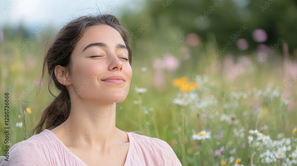 French woman breathing and relaxing on a beautiful colorful flower field French woman breathing and relaxing on a beautiful colorful flower field