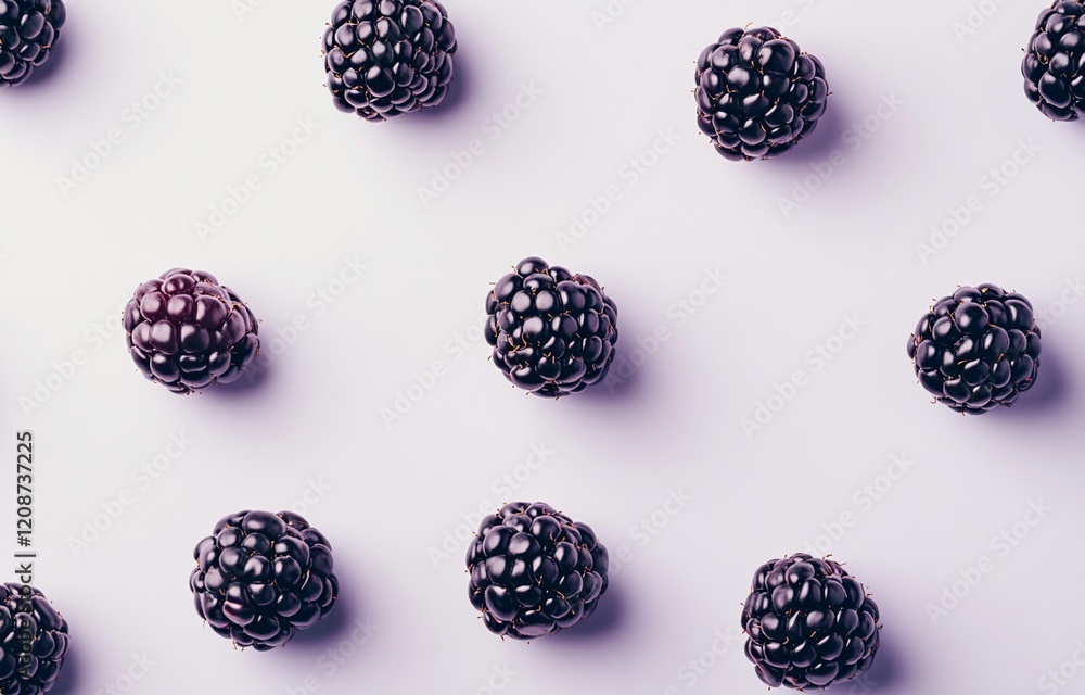 Flat lay of blackberries arranged in a repeating pattern on a light purple background. Flat lay of blackberries arranged in a repeating pattern on a light purple background.