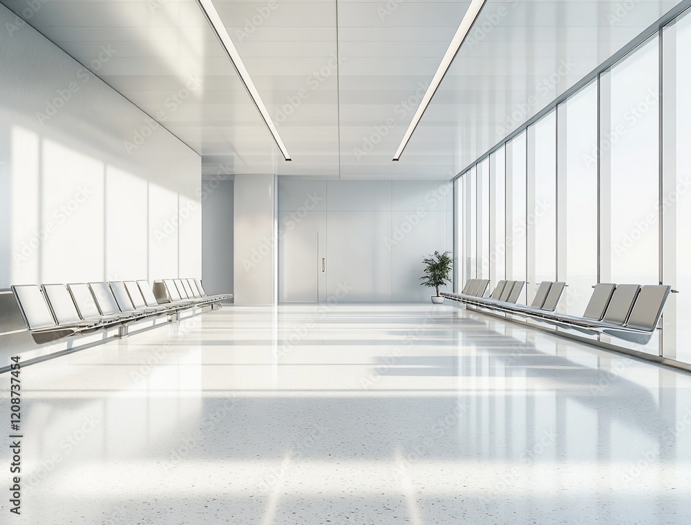 Modern, bright waiting area with rows of seats, large windows, and sleek design.