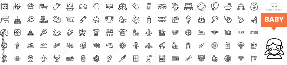 Set of baby-themed icons in a minimalist black design, perfect for nursery decoration. Set of baby-themed icons in a minimalist black design, perfect for nursery decoration.