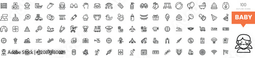 Set of baby-themed icons in a minimalist black design, perfect for nursery decoration.