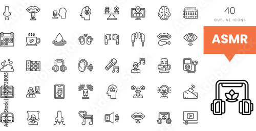 A collection of 40 minimalist icons representing ASMR concepts in black and white.