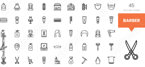 A collection of outline icons representing barber tools and services.