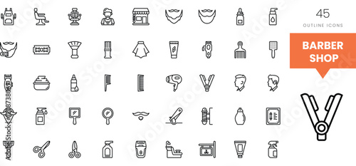 Various barber shop icons including tools for grooming and styling hair.