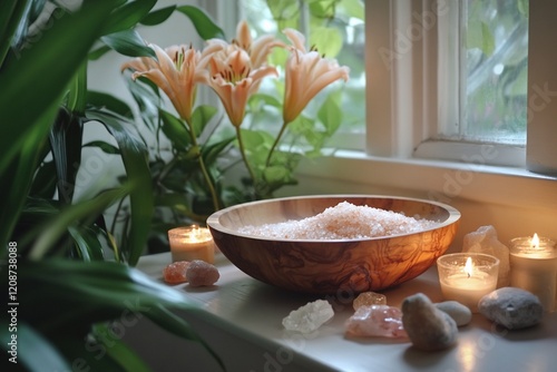 Himalayan pink salt in wooden bowl, candles, crystals, flowers, window. photo