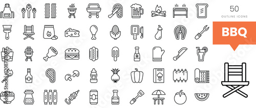 A collection of BBQ-themed outline icons showcasing grilling essentials and food items.