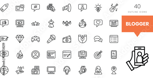 Set of 40 outline icons representing various blogging themes and activities.