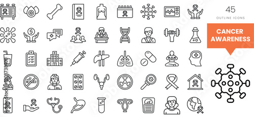 A diverse collection of cancer awareness icons featuring various health symbols.