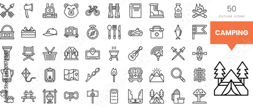 Camping-themed outline icons featuring various outdoor elements.