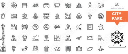 A collection of 50 city-themed outline icons depicting various urban elements.