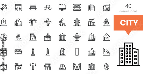 Set of 40 outline icons representing various city places and structures.