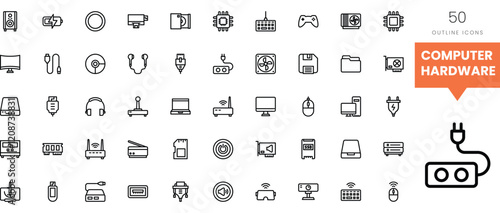 Vector icons of computer hardware and peripherals in a clean, organized layout.