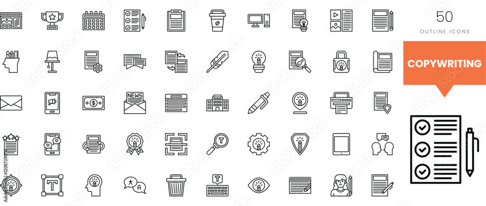 A collection of 50 outline icons representing copywriting and content creation. A collection of 50 outline icons representing copywriting and content creation.
