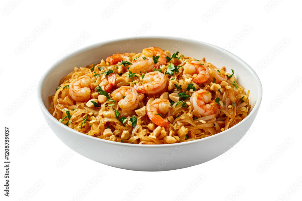 Delicious shrimp dish served in a white bowl with herbs and peanuts on top isolated on transparent background Delicious shrimp dish served in a white bowl with herbs and peanuts on top isolated on transparent background