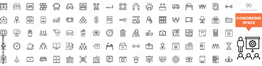 Collection of minimalistic outline icons representing a modern coworking space. Collection of minimalistic outline icons representing a modern coworking space.