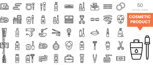 Stylized outline icons representing various cosmetic and beauty tools and products.
