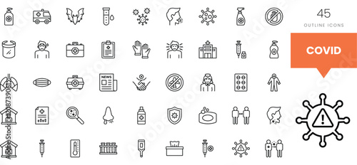 Set of COVID-19 themed outline icons featuring various health-related symbols.