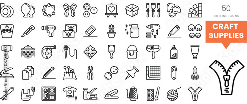 A collection of 50 outlined icons representing various craft supplies and tools.