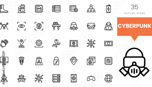 A collection of 35 outline icons depicting cyberpunk themes and technology elements.