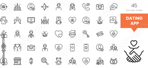 A collection of 45 outline icons representing various dating app features.