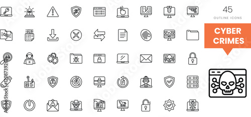 Collection of outline icons representing various aspects of cyber crimes.