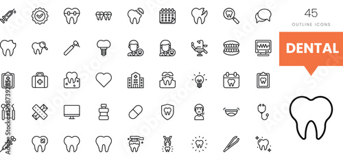A collection of dental-related outline icons in various shapes and sizes.