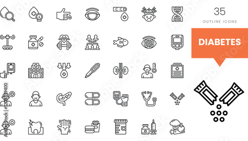 Collection of diabetes-themed outline icons representing health and wellness.