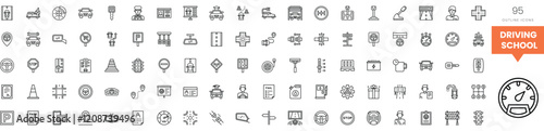 A collection of driving school related icons in various styles and shapes.