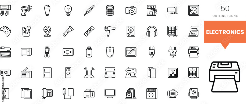 Variety of electronics outline icons representing modern gadgets and appliances. Variety of electronics outline icons representing modern gadgets and appliances.