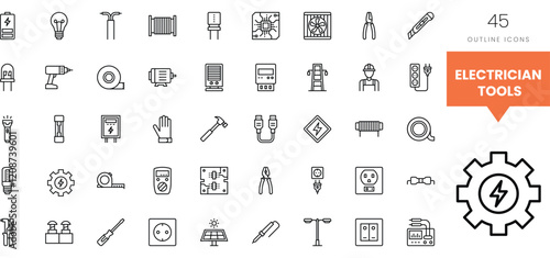 Collection of outline icons depicting essential electrician tools and equipment.