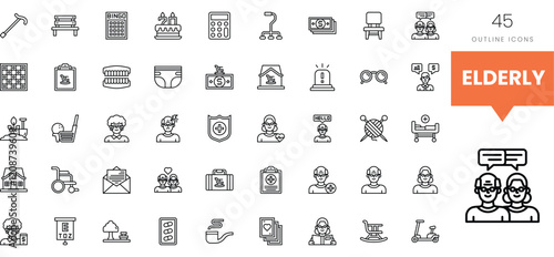 Collection of outline icons depicting elements related to elderly care and well-being.