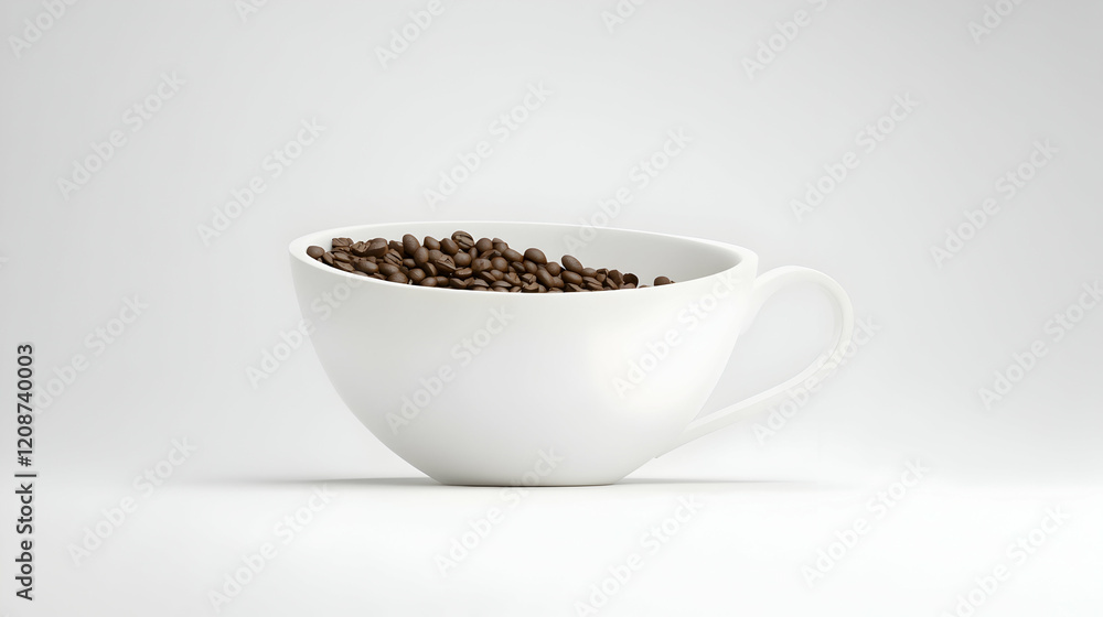 White cup overflowing with coffee beans on a white background; ideal for cafe menus or coffee packaging White cup overflowing with coffee beans on a white background; ideal for cafe menus or coffee packaging