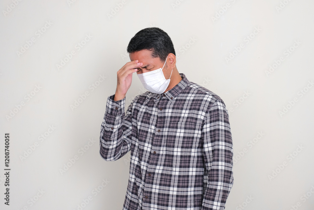 Adult Asian man wearing medical face mask feeling sick Adult Asian man wearing medical face mask feeling sick
