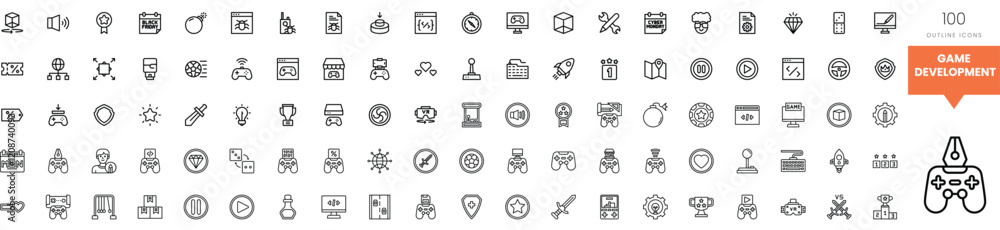 A collection of minimalist game development icons in black and white. A collection of minimalist game development icons in black and white.