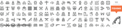 A diverse collection of fishing-themed icons in a minimalistic design.