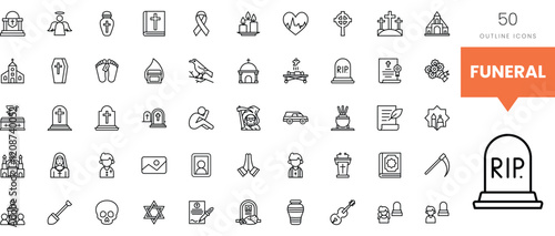 A collection of 50 outline icons representing funeral themes and symbols.
