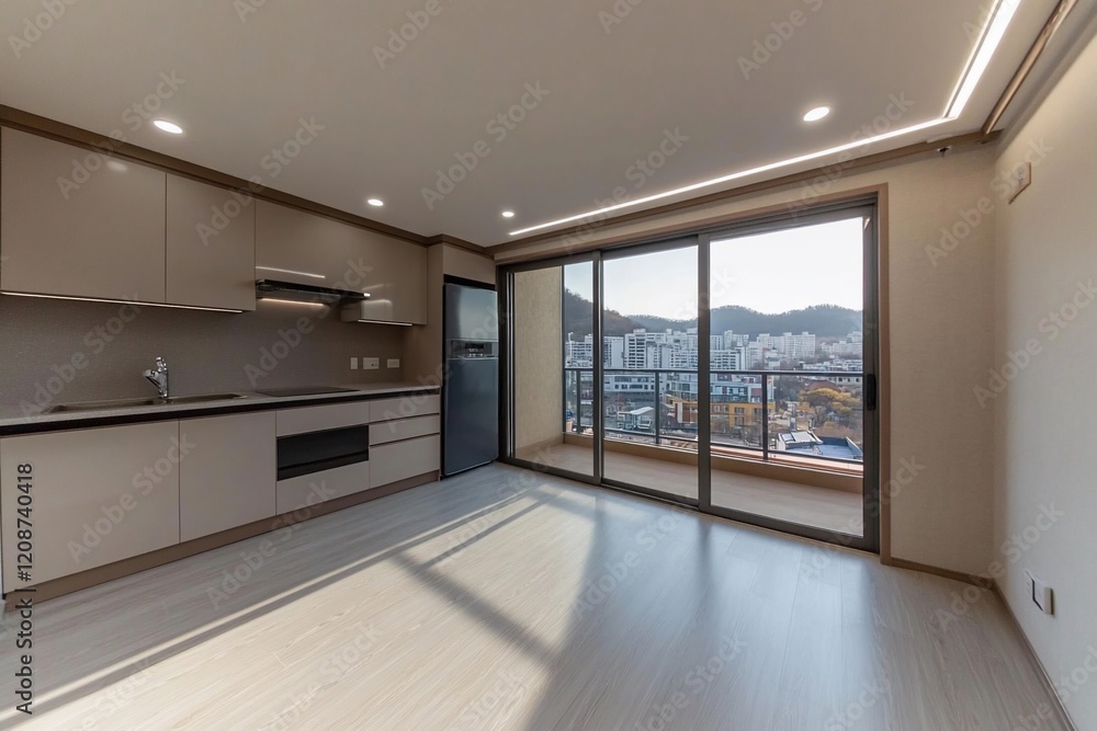 Obraz premium Modern apartment kitchen with panoramic city view from balcony.