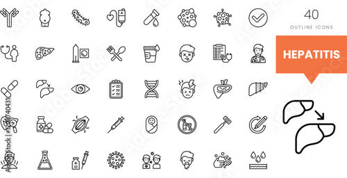 Set of outline icons representing various aspects of hepatitis awareness and care.