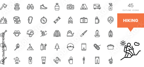 Collection of hiking-themed outline icons including gear and nature elements.