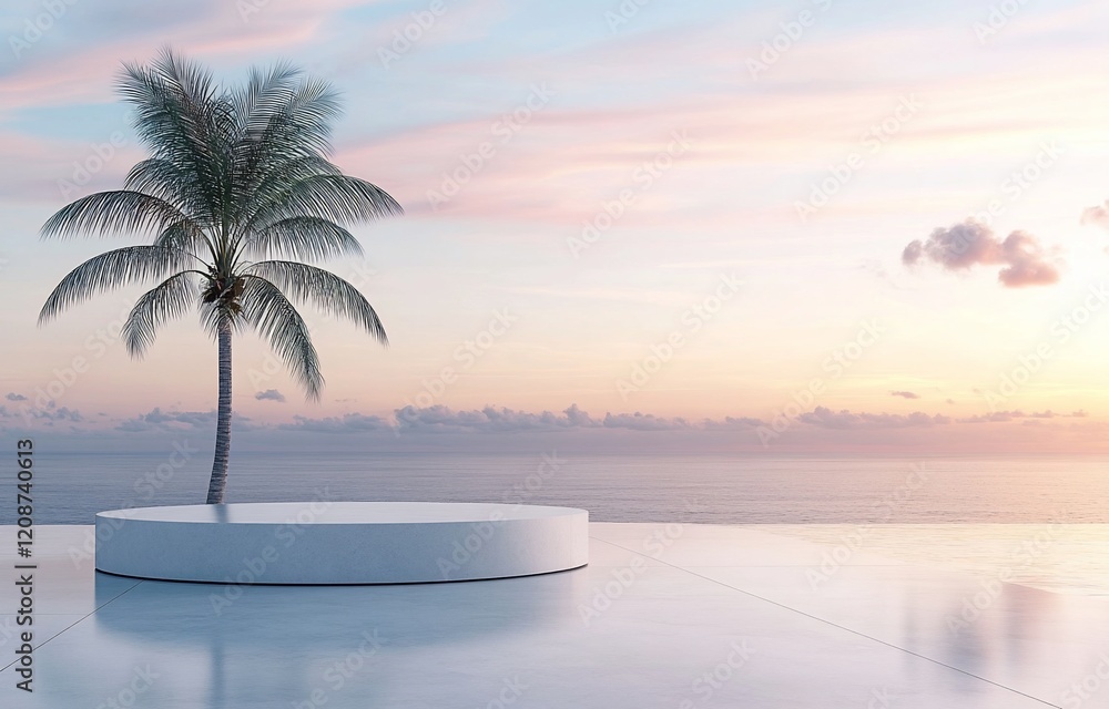 Obraz premium Minimalist podium with palm tree at sunset ocean view.