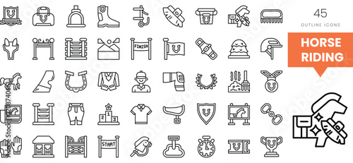 Outline icons illustrating various elements of horse riding and equestrian sports.
