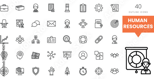 A diverse collection of human resource icons in a minimalist outline style.