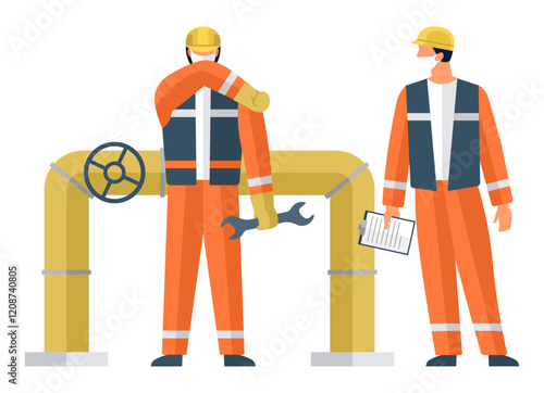 Workers in safety gear depicted with industrial pipeline structure. One is holding a wrench while another holds clipboard. Construction, safety protocols, engineering projects. Poor working conditions