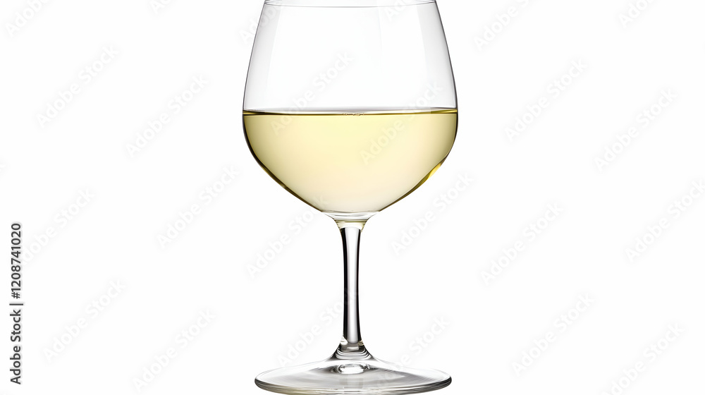 White wine glass, partially filled, on white background; ideal for wine lists, menus, or beverage websites