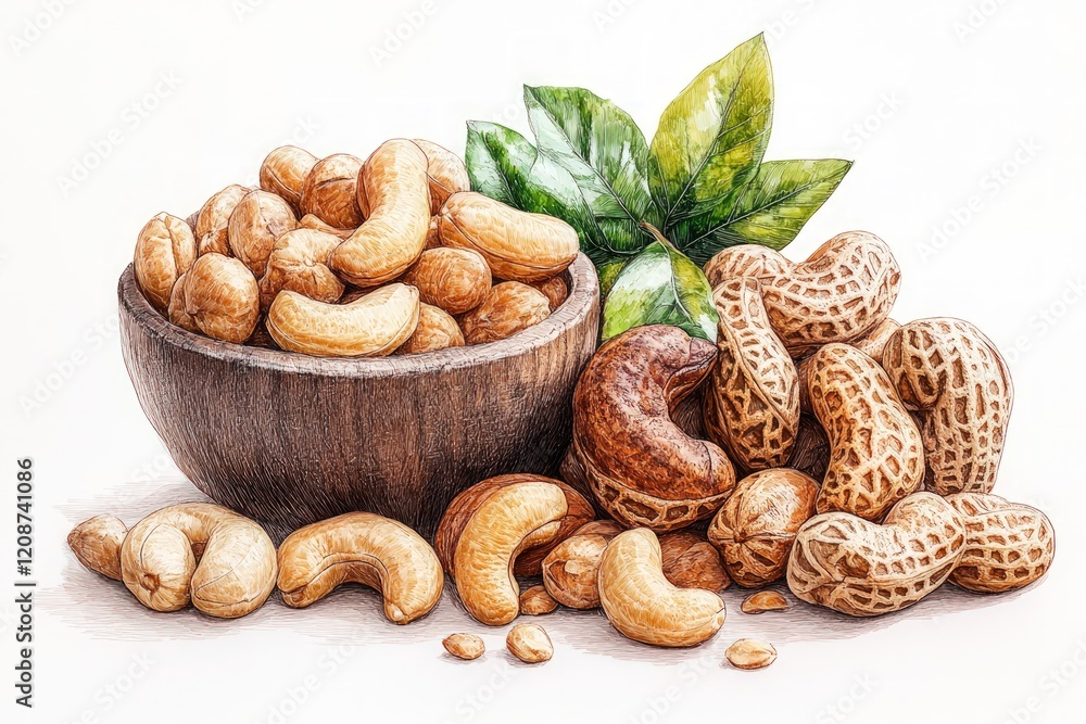 Fototapeta premium Cashews, peanuts, and walnuts in bowl, leaves.